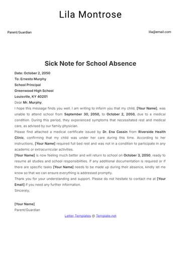 Free Sick Note for School Absence Template to Edit Online