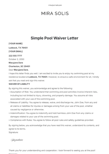 Free Simple Pool Waiver Letter Template to Edit Online
