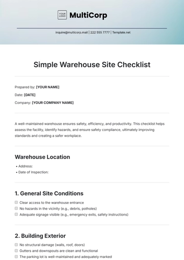 Free Simple Warehouse Site Checklist Template to Edit Online
