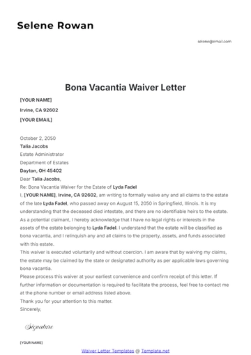 Free Bona Vacantia Waiver Letter Template to Edit Online