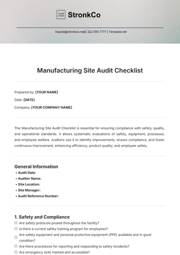 Free Manufacturing Site Audit Checklist Template to Edit Online