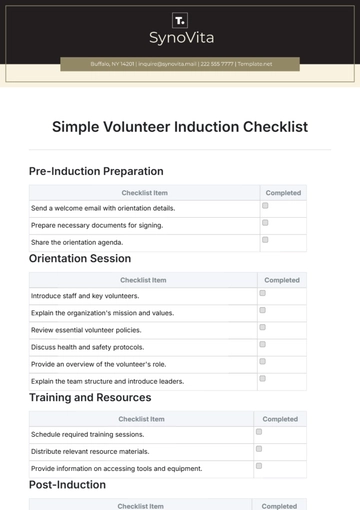 Free Simple Volunteer Induction Checklist Template to Edit Online