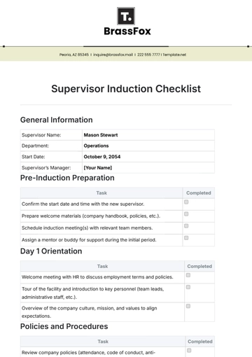 Free Supervisor Induction Checklist Template to Edit Online