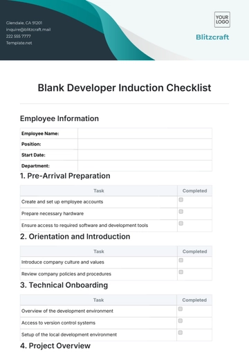 Free Blank Developer Induction Checklist Template to Edit Online