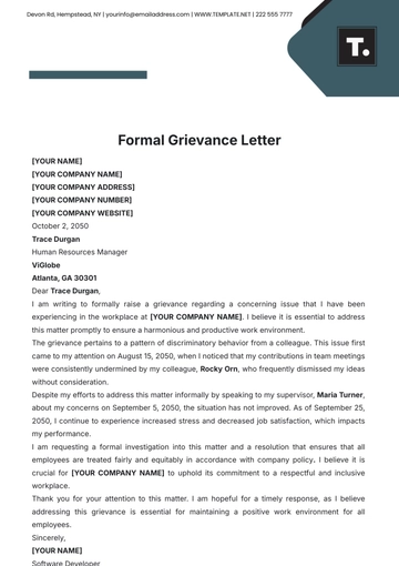 Free Formal Grievance Letter Template to Edit Online