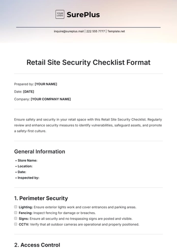 Free Retail Site Security Checklist Format Template to Edit Online