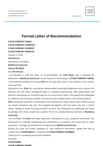 Free Formal Letter of Recommendation Template to Edit Online