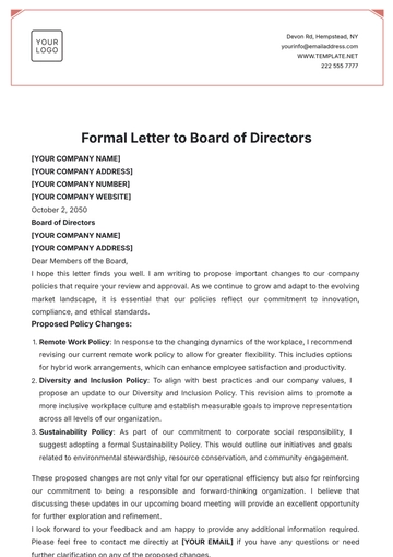 Free Formal Letter to Board of Directors Template to Edit Online