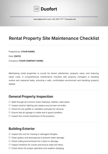 Free Rental Property Site Maintenance Checklist Template to Edit Online