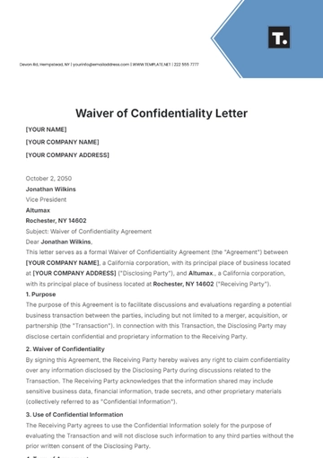 Free Waiver of Confidentiality Letter Template to Edit Online