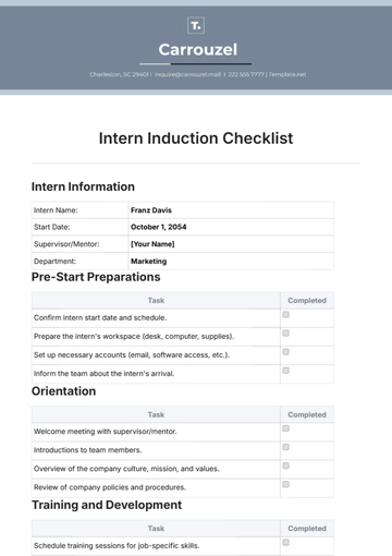 Free Intern Induction Checklist Template to Edit Online