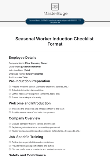 Free Seasonal Worker Induction Checklist Format Template to Edit Online