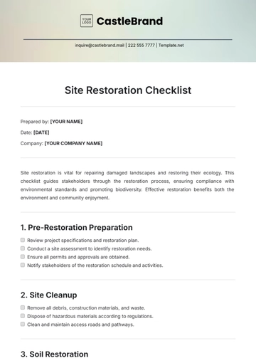 Free Site Restoration Checklist Template to Edit Online