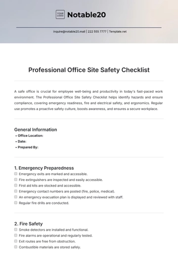 Free Professional Office Site Safety Checklist Template to Edit Online