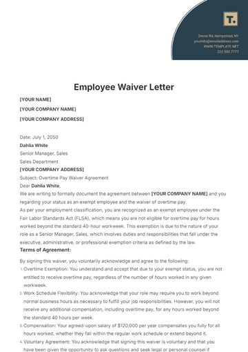 Free Employee Waiver Letter Template to Edit Online