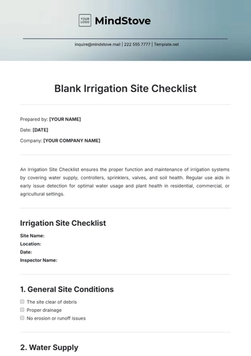 Free Blank Irrigation Site Checklist Template to Edit Online