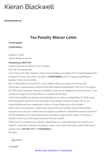 Free Tax Penalty Waiver Letter Template to Edit Online
