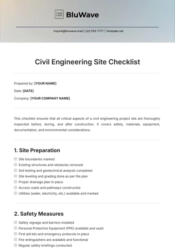 Free Civil Engineering Site Checklist Template to Edit Online