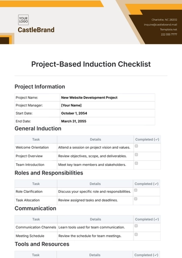 Free Project-Based Induction Checklist Template to Edit Online
