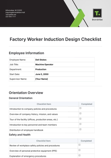 Free Factory Worker Induction Design Checklist Template to Edit Online