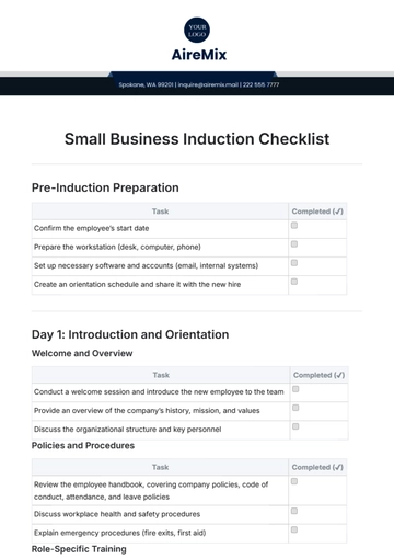 Free Small Business Induction Checklist Template to Edit Online