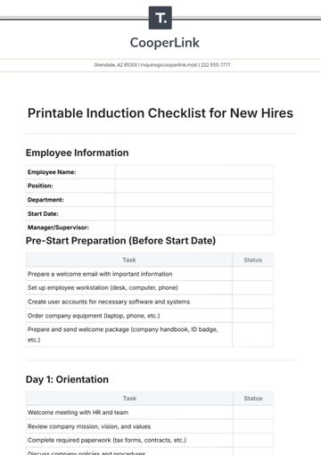 Free Printable Induction Checklist for New Hires Template to Edit Online
