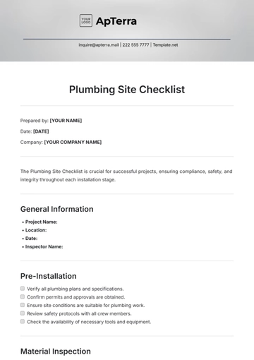 Free Plumbing Site Checklist Template to Edit Online