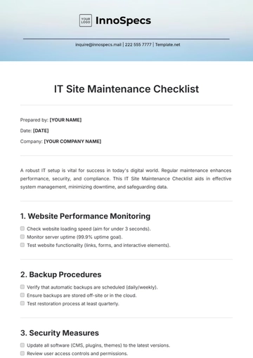 Free IT Site Maintenance Checklist Template to Edit Online
