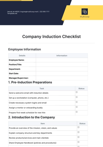 Free Company Induction Checklist Template to Edit Online