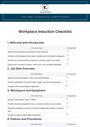 Free Workplace Induction Checklist Template to Edit Online