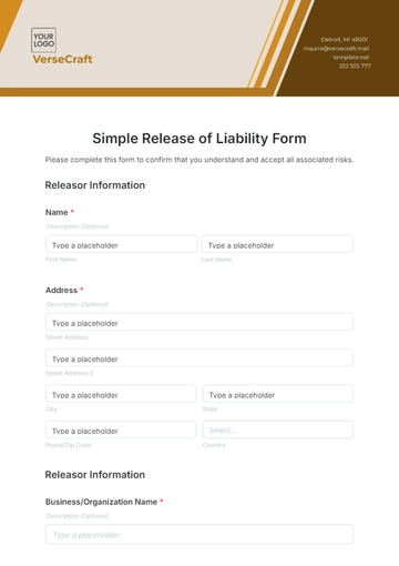 Free Simple Release of Liability Form Template to Edit Online