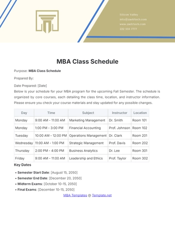 Free MBA Class Schedule Template to Edit Online