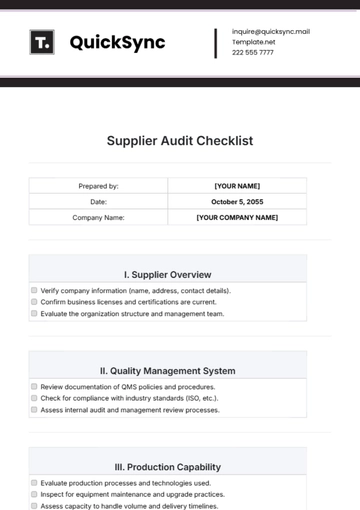 Free Printable Supplier Audit Checklist Template to Edit Online