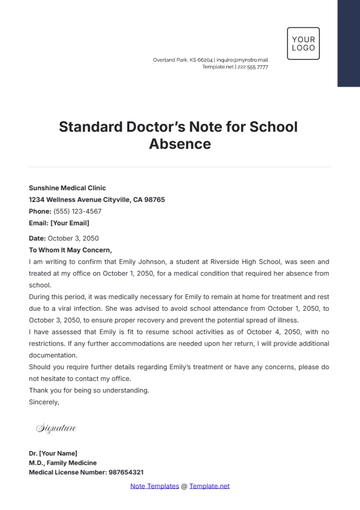 Free Standard Doctor???s Note for School Absence Template to Edit Online