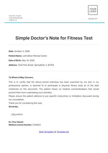 Free Simple Doctor???s Note for Fitness Test Template to Edit Online