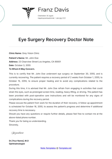 Free Eye Surgery Recovery Doctor Note Template to Edit Online