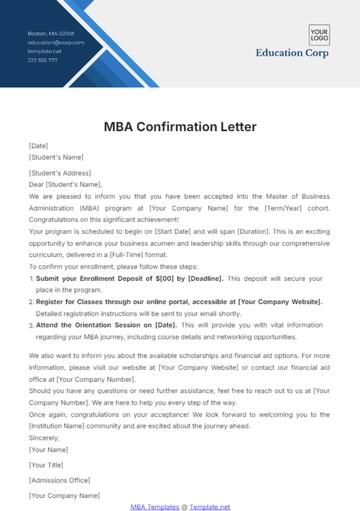 Free MBA Confirmation Letter Template to Edit Online