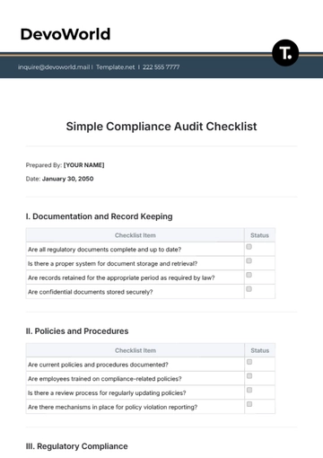 Free Simple Compliance Audit Checklist Template to Edit Online