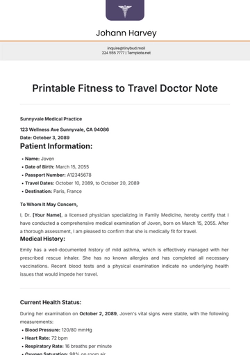 Free Printable Fitness to Travel Doctor Note Template to Edit Online