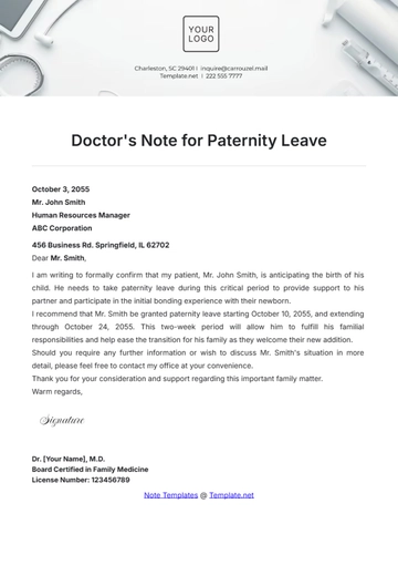 Free Doctor???s Note for Paternity Leave Template to Edit Online