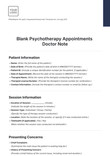 Free Blank Psychotherapy Appointments Doctor Note Template to Edit Online