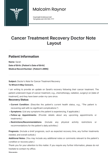 Free Cancer Treatment Recovery Doctor Note Layout Template to Edit Online