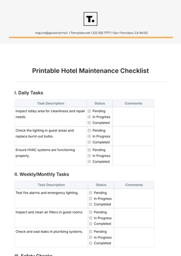Free Printable Hotel Maintenance Checklist Template to Edit Online