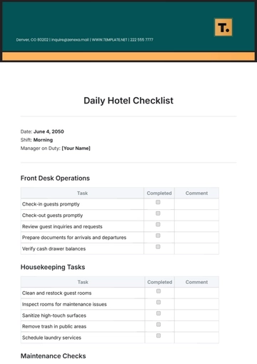 Free Daily Hotel Checklist Template to Edit Online