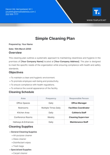 Free Simple Cleaning Plan Template to Edit Online