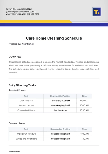 Free Care Home Cleaning Schedule Template to Edit Online