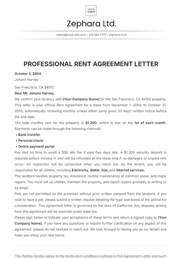 Free Professional Rent Agreement Letter Template to Edit Online