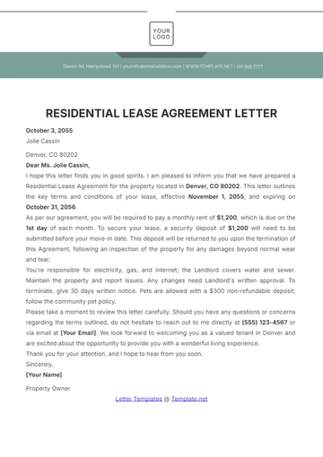 Free Residential Lease Agreement Letter Template to Edit Online