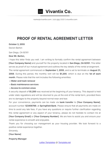 Free Proof of Rental Agreement Letter Template to Edit Online