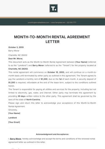 Free Month-to-Month Rental Agreement Letter Template to Edit Online